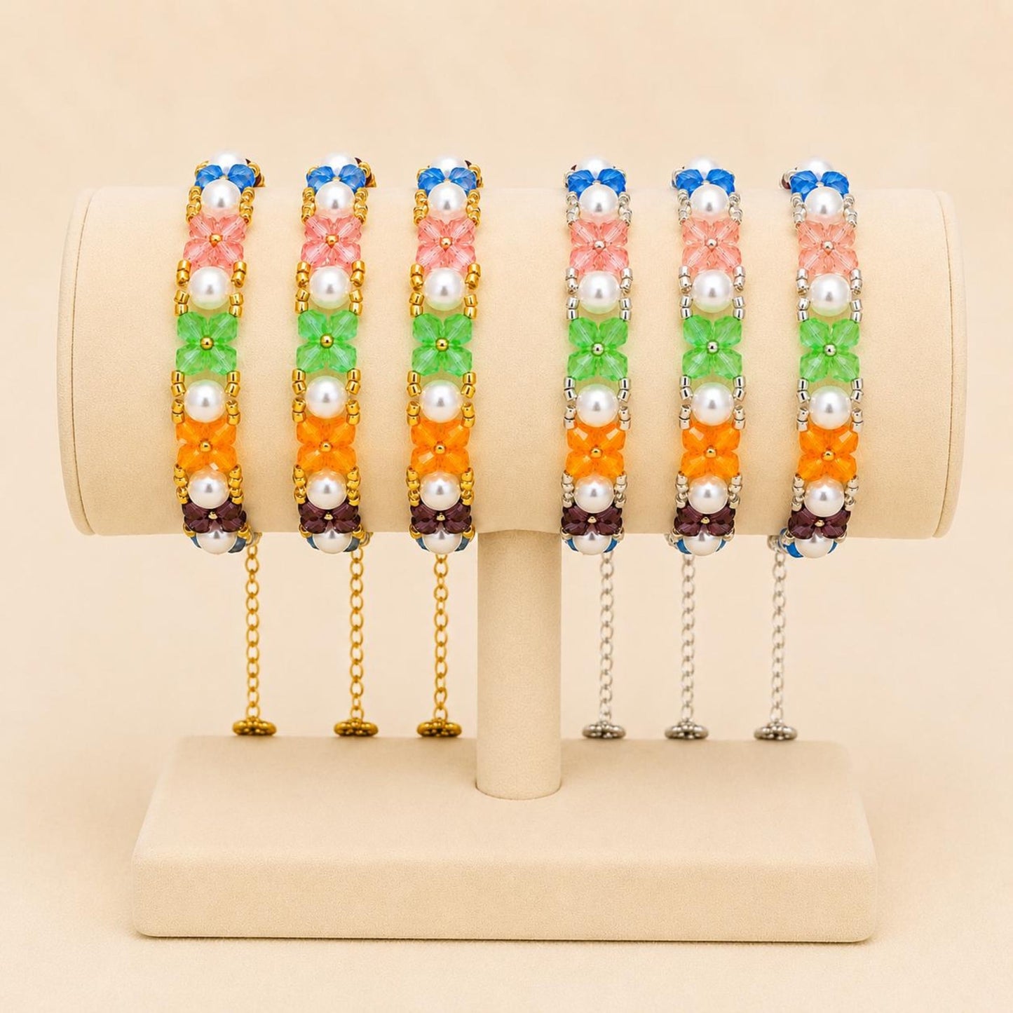 Handmade HARMONY OF HUES bracelet with colorful crystal beads, white faux pearls, and gold or silver stainless steel chain