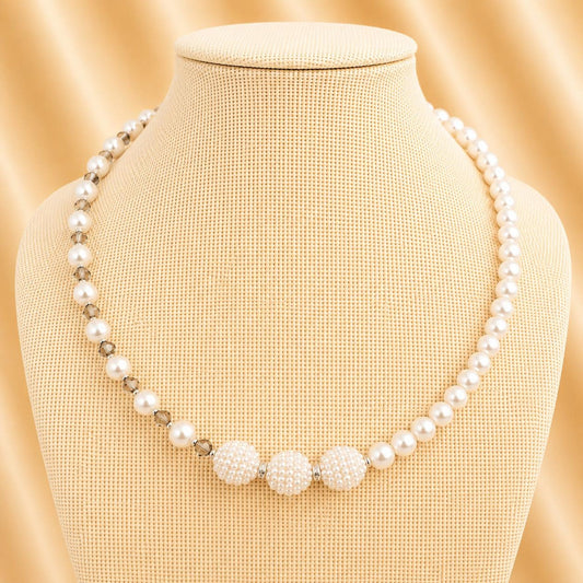 GABRIELA handmade pearl necklace with white faux pearls, gray crystal beads, and silver accents on a nylon string