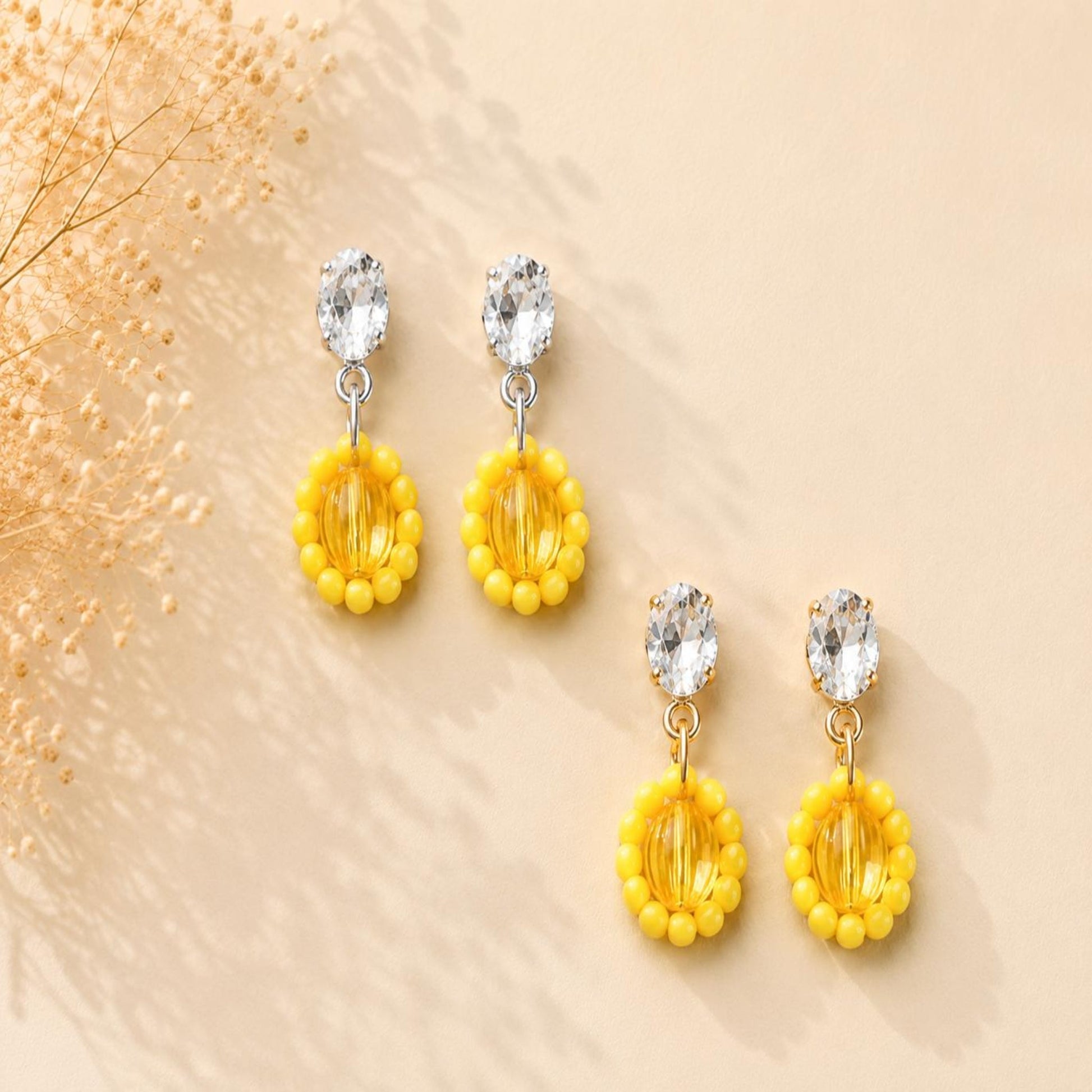 Handcrafted SUNLIGHT BLOSSOM earrings in gold and silver with yellow and Miyuki beads, lightweight and elegant design