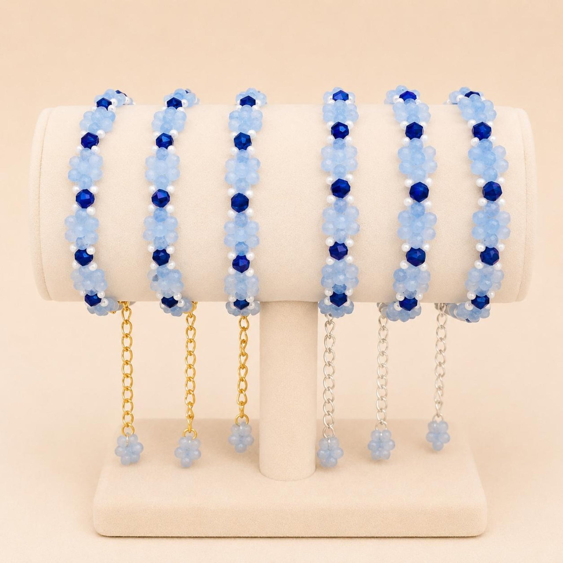 Handmade Ocean Petals bracelet with blue and indigo glass beads, silver or gold finish clasp