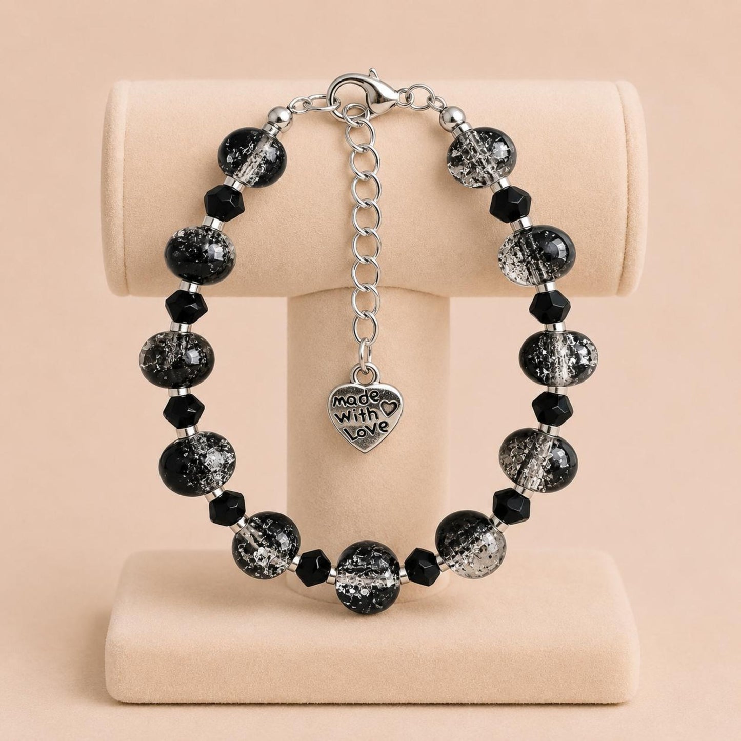 Handmade MIDNIGHT DREAM bracelet with black glass and silver beads, stainless steel clasp, and nylon string