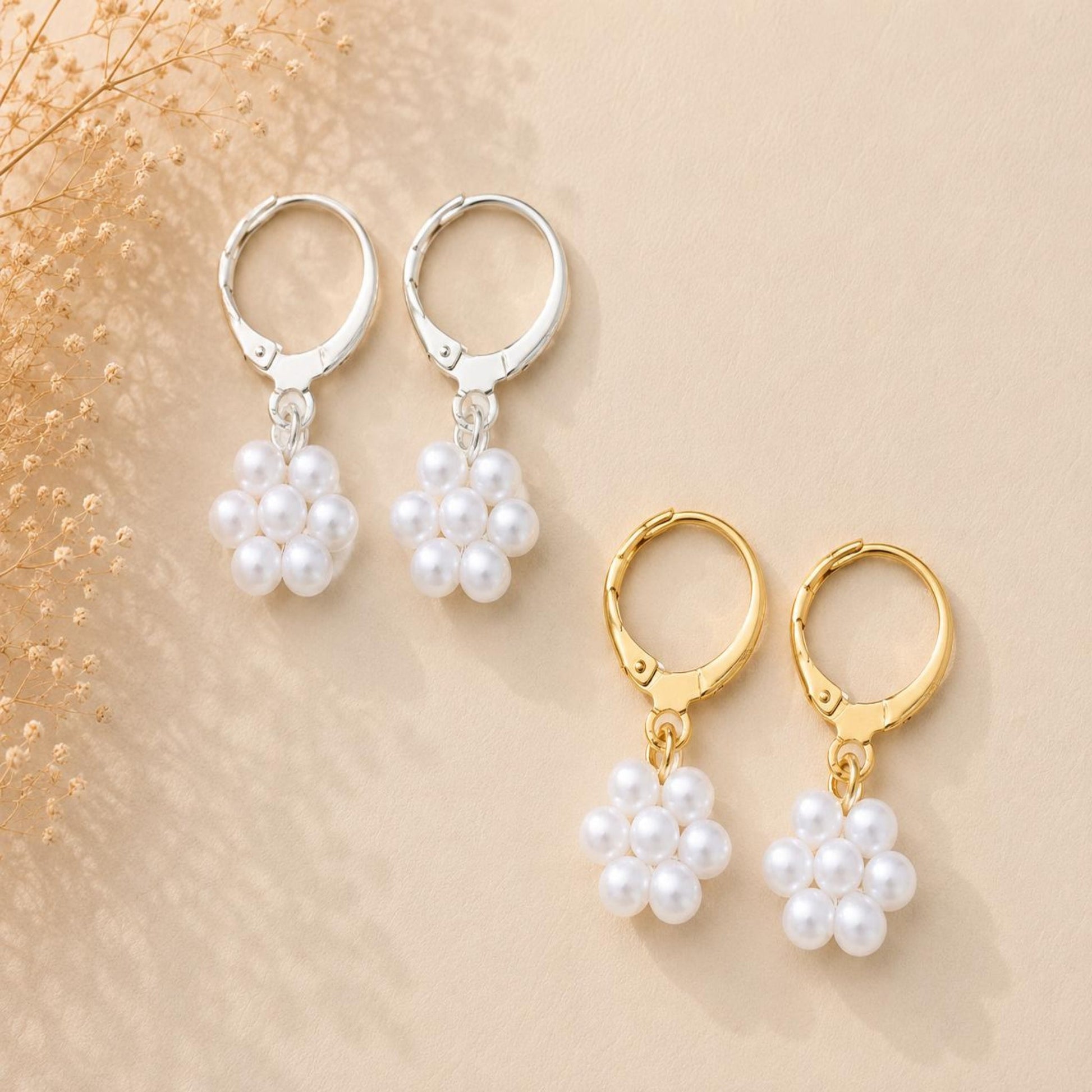 White pearl blossom earrings with gold and silver stainless steel leverback hoops, handcrafted jewelry accessory