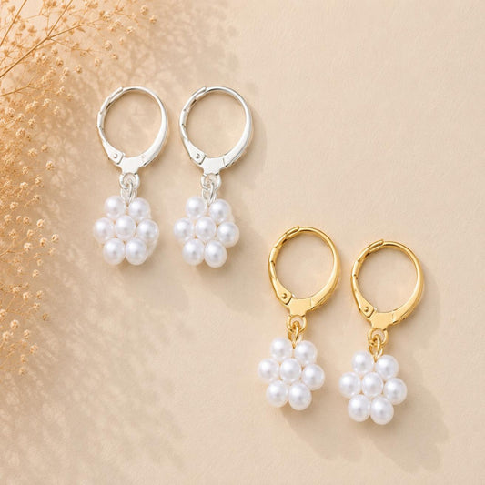 White pearl blossom earrings with gold and silver stainless steel leverback hoops, handcrafted jewelry accessory