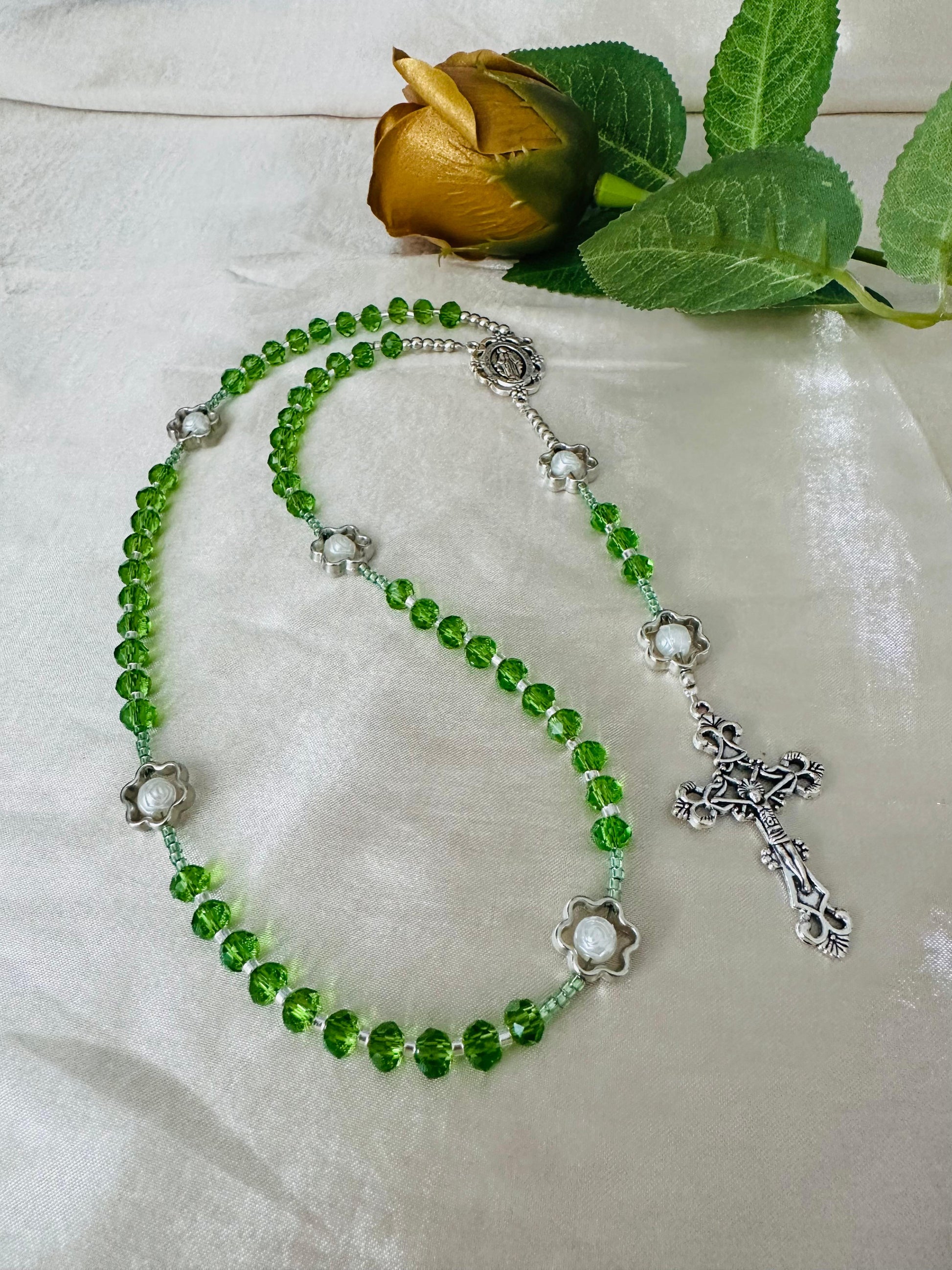 Green Bloom Handmade Rosary with green crystal beads and silver flower-shaped pearl accents