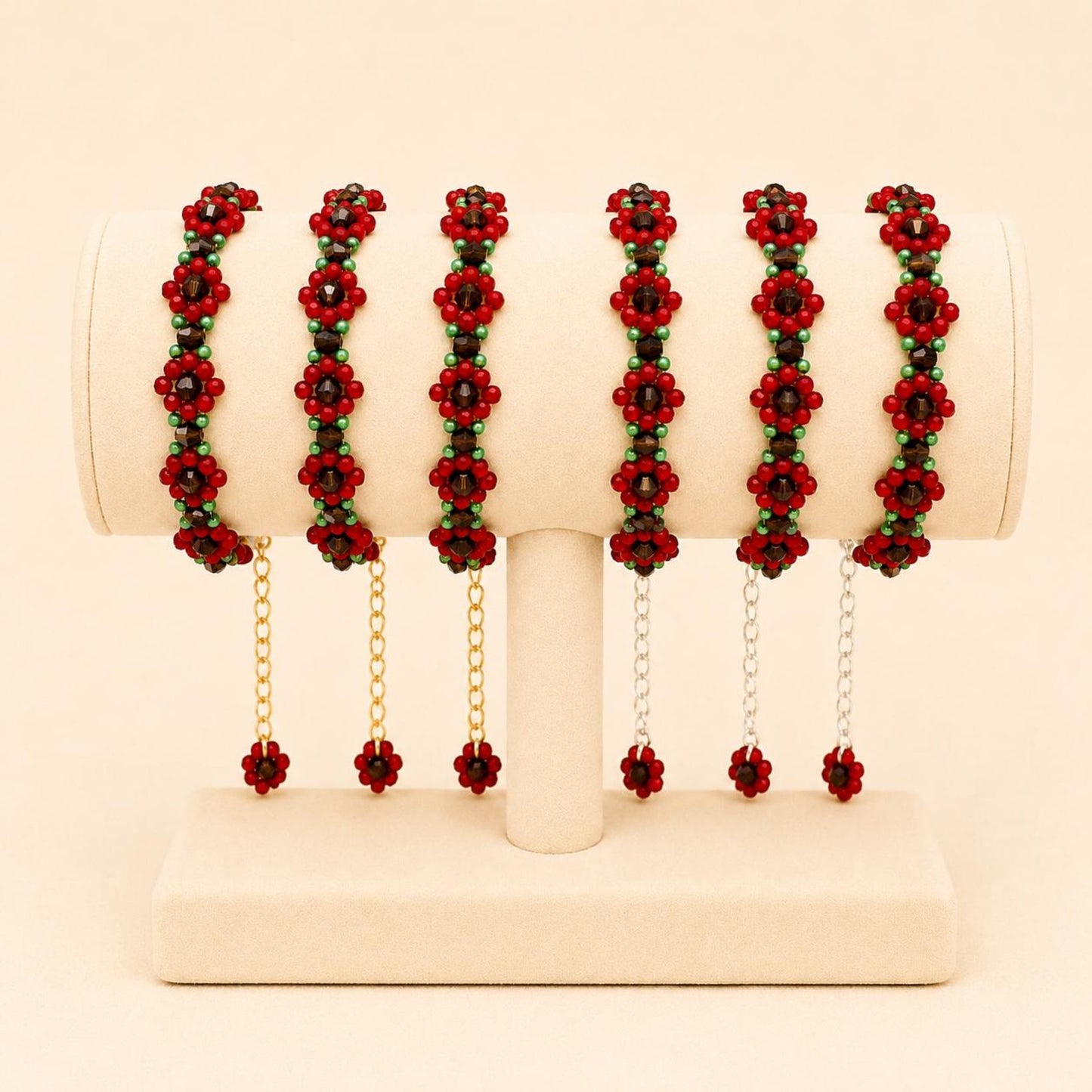 Handmade RED BLOSSOM bracelet with red, brown, and green beads in gold or silver finish