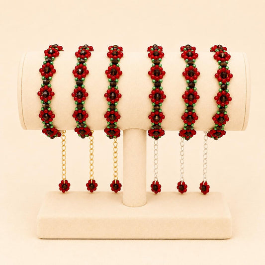 Handmade RED BLOSSOM bracelet with red, brown, and green beads in gold or silver finish