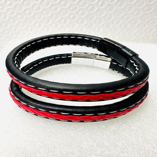 RED & BLACK Leather Men's Bracelet with Stainless Steel Clasp