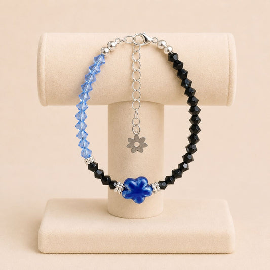 Handmade AUBREE bracelet with blue and black crystal beads and silver rhinestone spacers