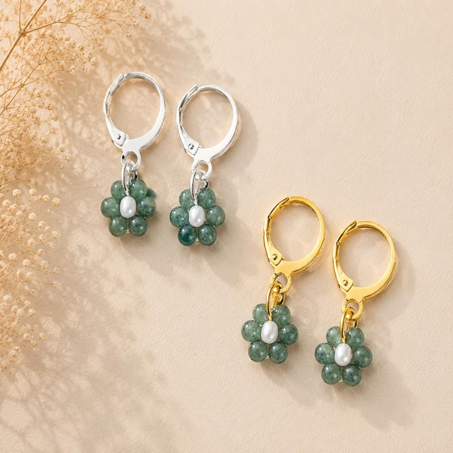 Handcrafted MYSTIC GARDEN BLOSSOM earrings with green and white glass beads in gold and silver finishes