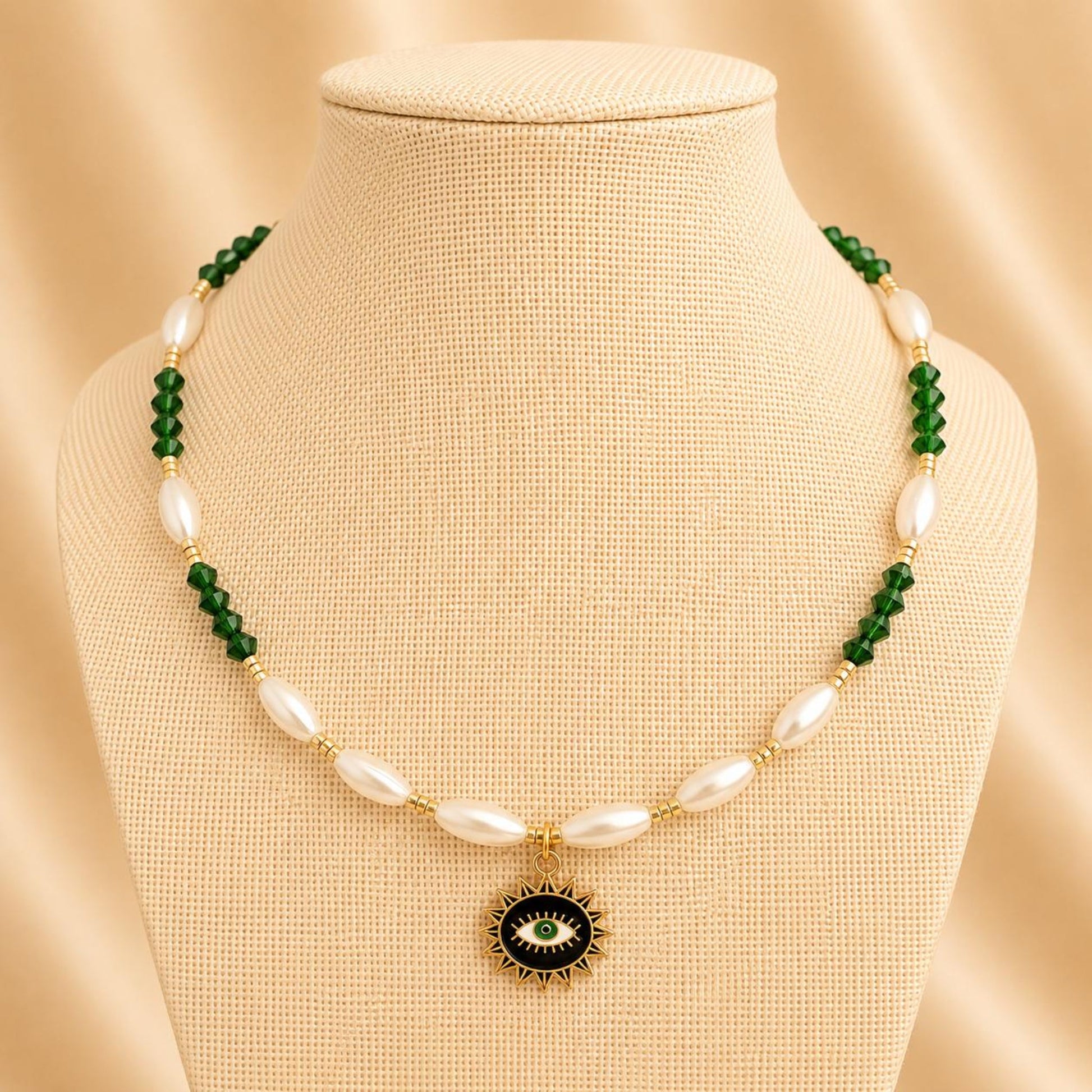 Handmade PEARLY EMERALD HARMONY necklace with ivory faux pearls, green crystal beads, and 18K gold plated chain