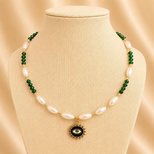 Handmade PEARLY EMERALD HARMONY necklace with ivory faux pearls, green crystal beads, and 18K gold plated chain