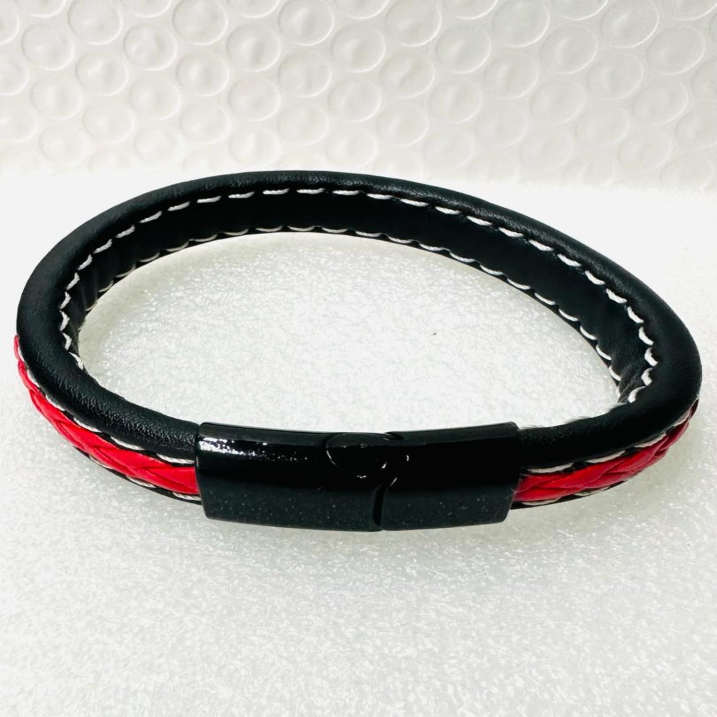 RED & BLACK Leather Men's Bracelet with Stainless Steel Clasp