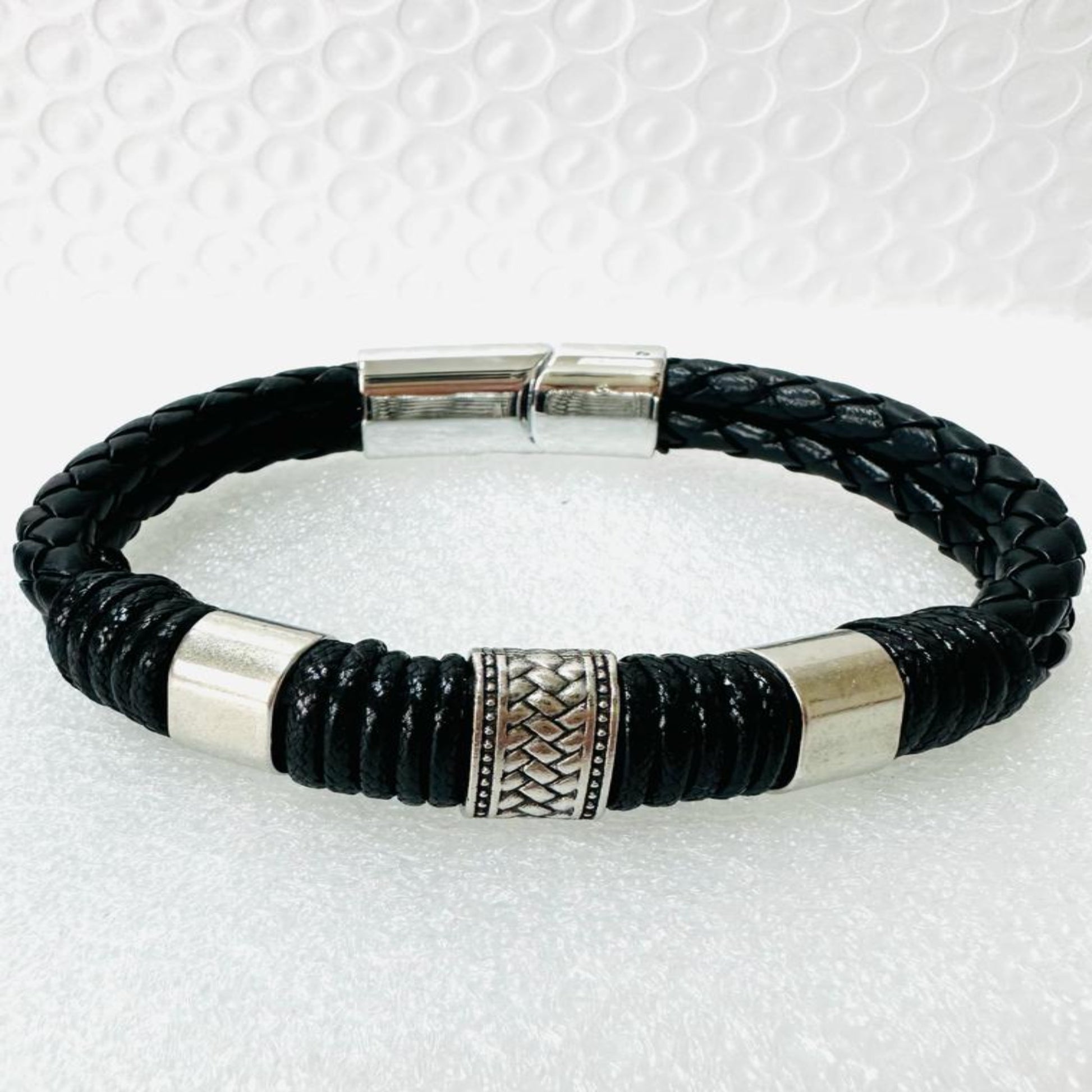 Men's Leather Double-Layered Bracelet With Engraved Centerpiece