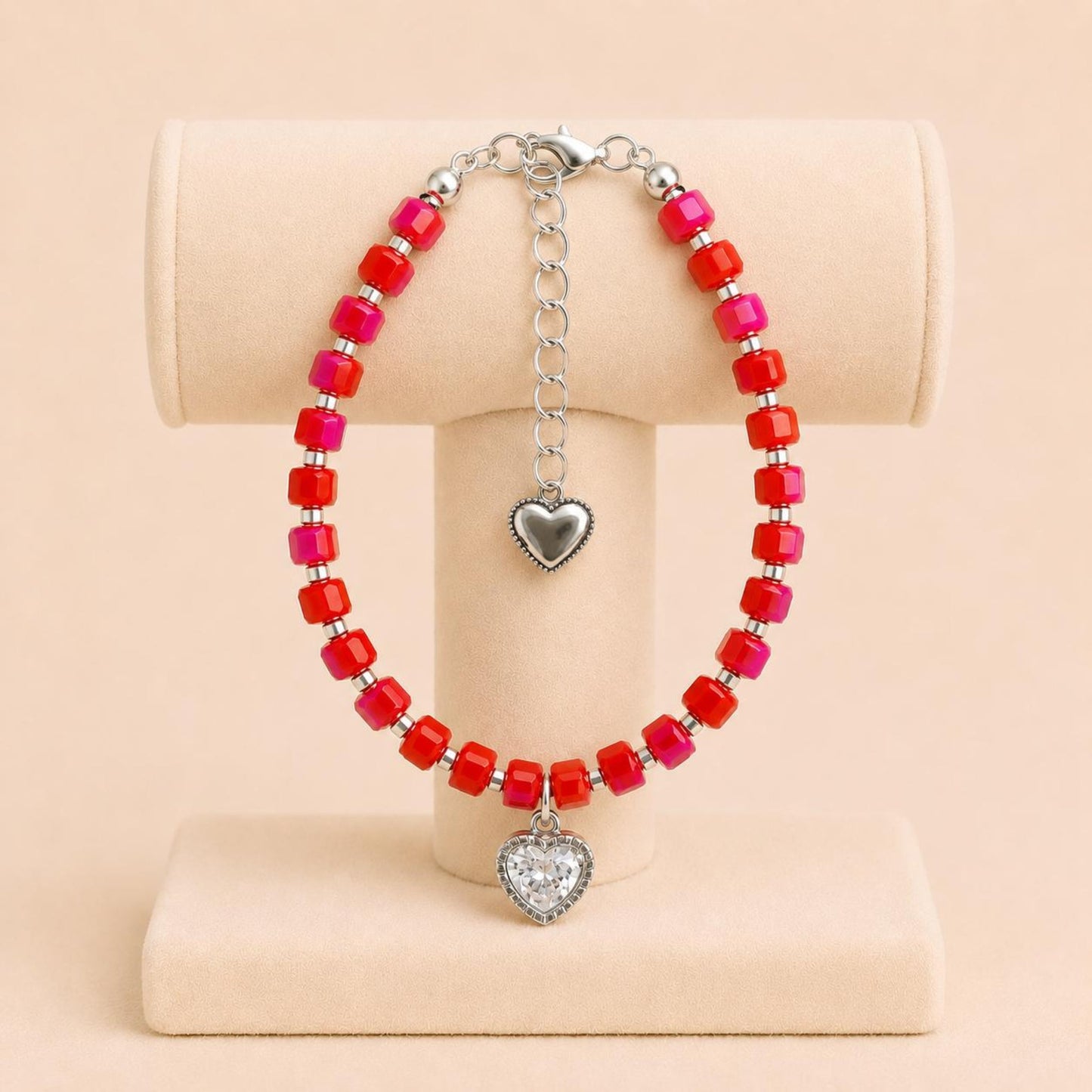 Handmade RADIANT LOVE bracelet with red crystal beads, silver heart charm, and extender chain
