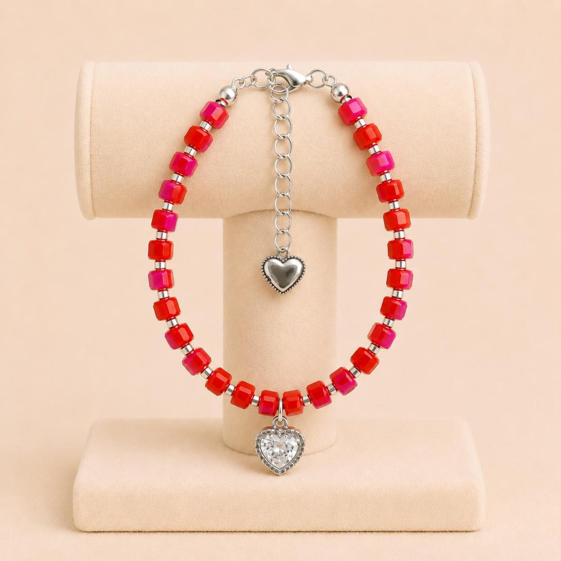 Handmade RADIANT LOVE bracelet with red crystal beads, silver heart charm, and extender chain