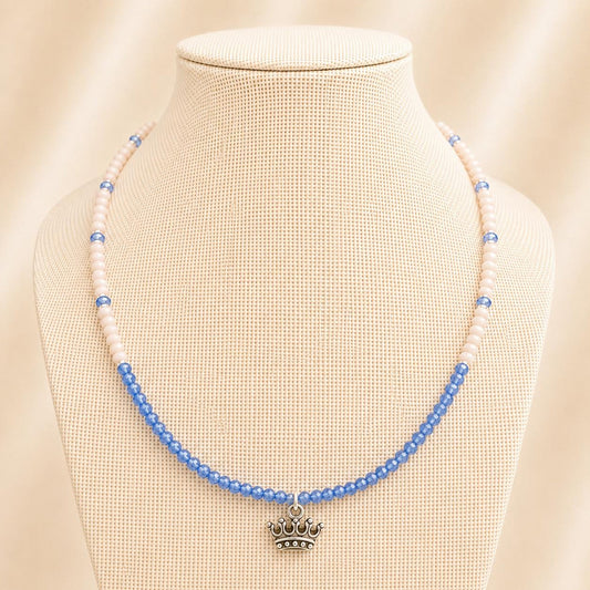 Handmade DREAM necklace with blue and nude crystal glass beads and silver crown pendant
