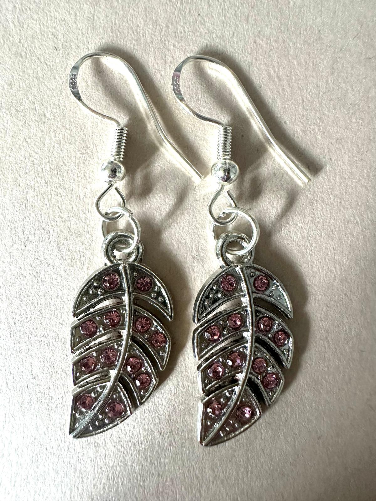 TESSA Silver Leaf Earrings with blue and pink rhinestones handcrafted sterling silver design