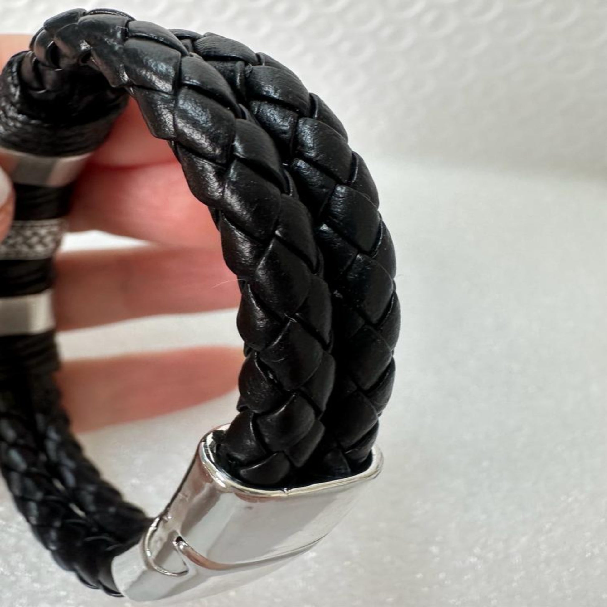 Men's Leather Double-Layered Bracelet With Engraved Centerpiece