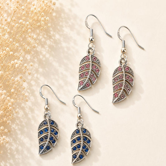 TESSA Silver Leaf Earrings with blue and pink rhinestones on 925 sterling silver hooks
