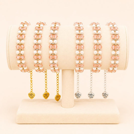 Elegant TIMELESS SHINE handmade bracelet with pink crystals, white pearls, and gold or silver beads