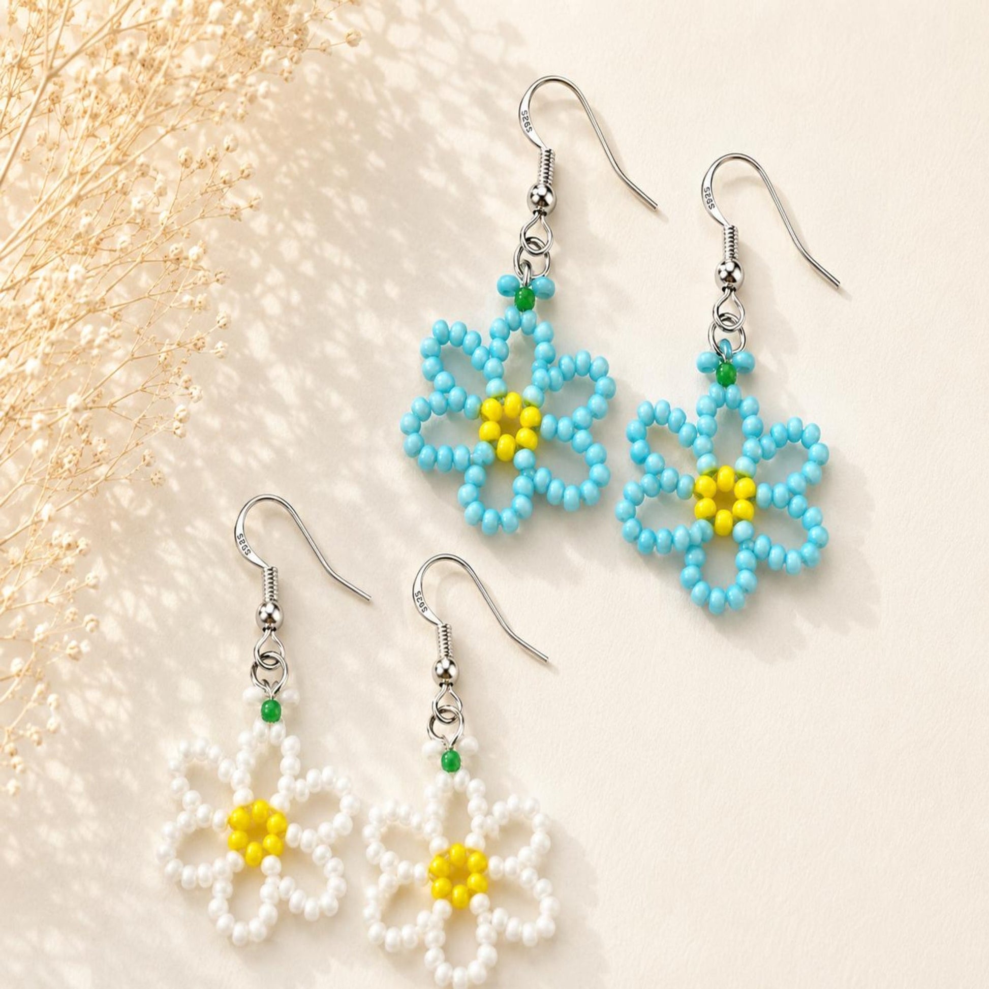 DAISY BLOOM Silver Earrings handcrafted with white and sky blue daisy beads, 925 sterling silver, lightweight floral jewelry