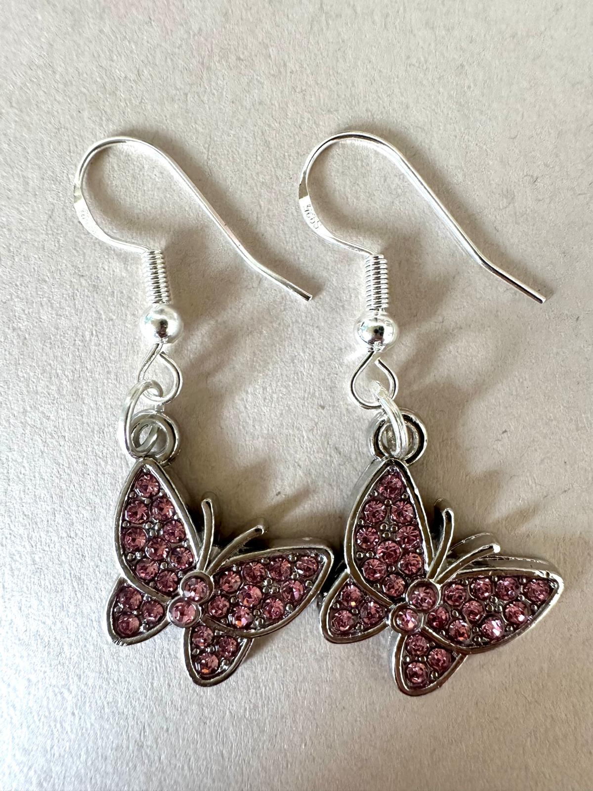 Handmade silver butterfly earrings with sparkling crystals and hypoallergenic hooks