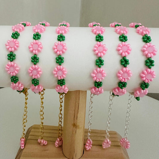 PINK GARDEN DELIGHT Handmade Bracelet - Gold or Silver Options