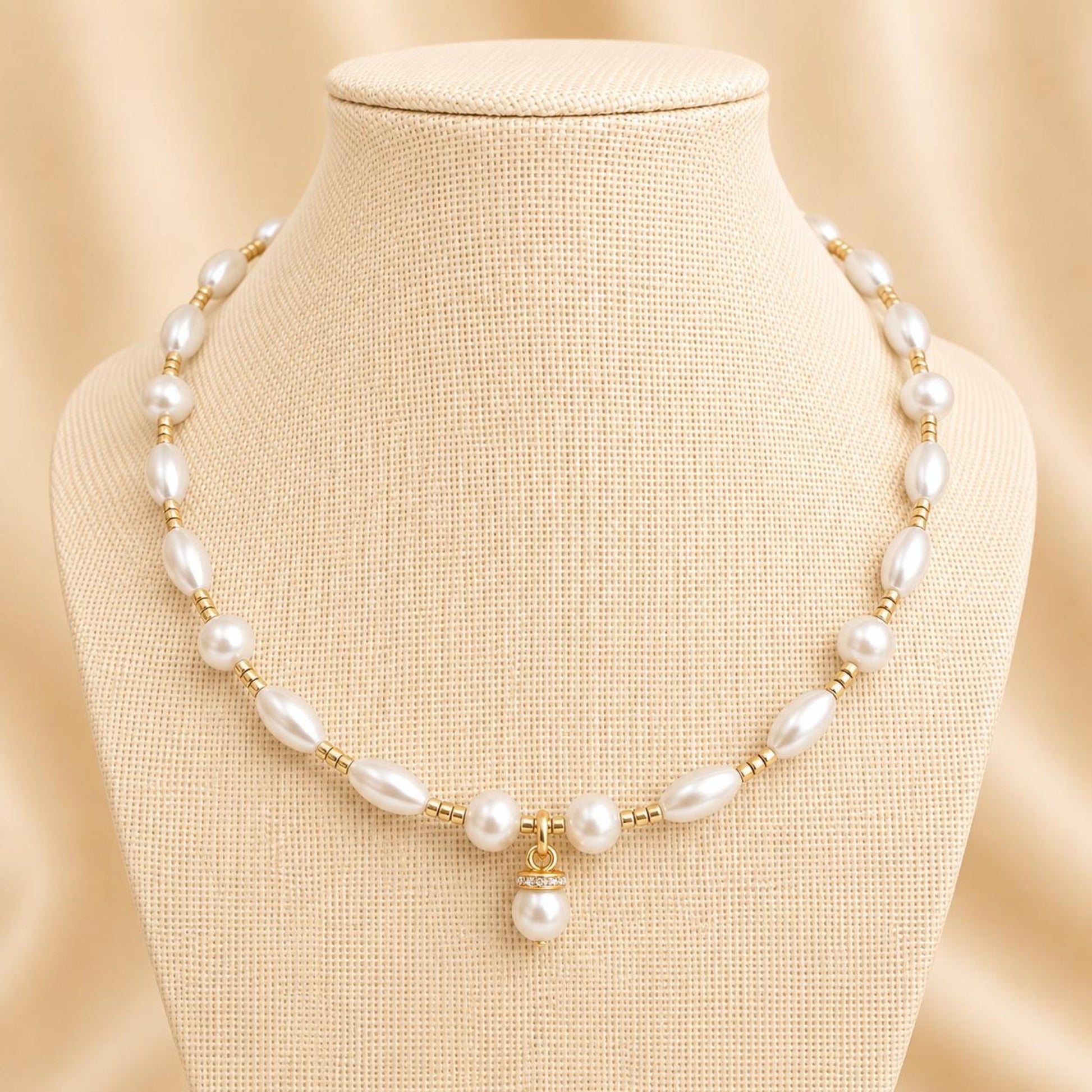 Handmade PEARL DREAMS necklace with ivory faux pearls and gold beads on gold-plated chain