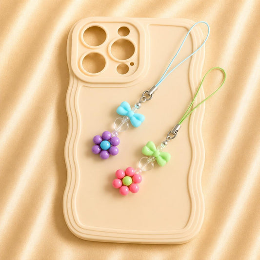 Handmade BOWL FLOWER DREAM phone charm with blue bow beads, versatile accessory for phone, AirPods, and bags