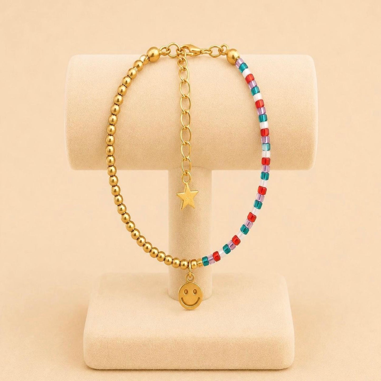 Colorful smiley face charm handmade bracelet with Miyuki beads and 18K gold-plated chain