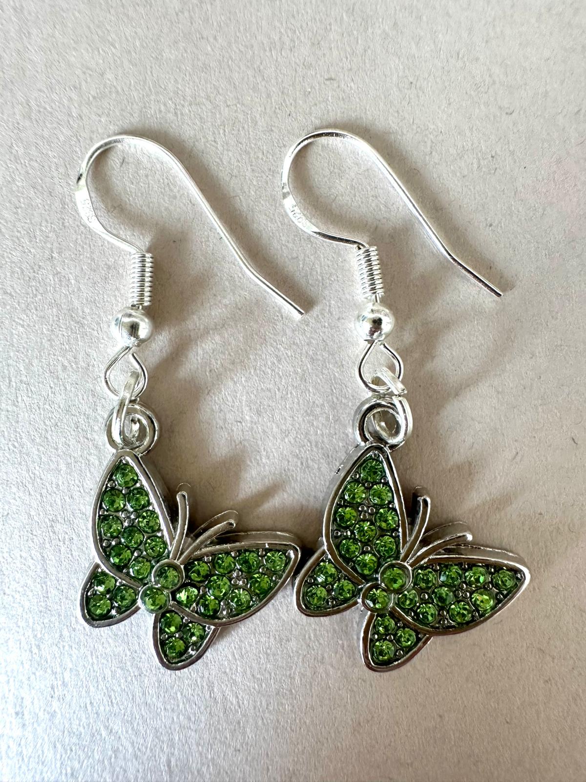 Handmade silver butterfly earrings with sparkling crystals and hypoallergenic hooks