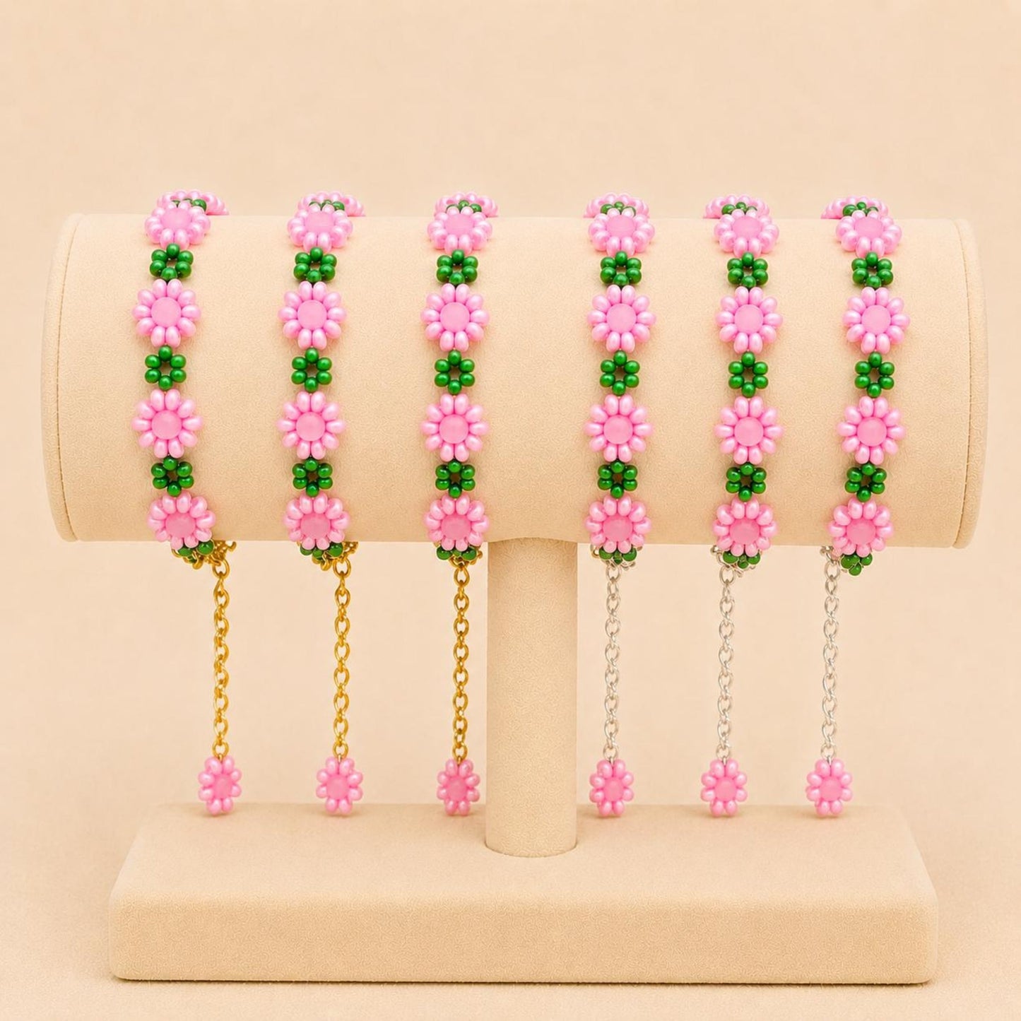 Handmade pink and green glass bead bracelet with gold or silver stainless steel chain and clasp
