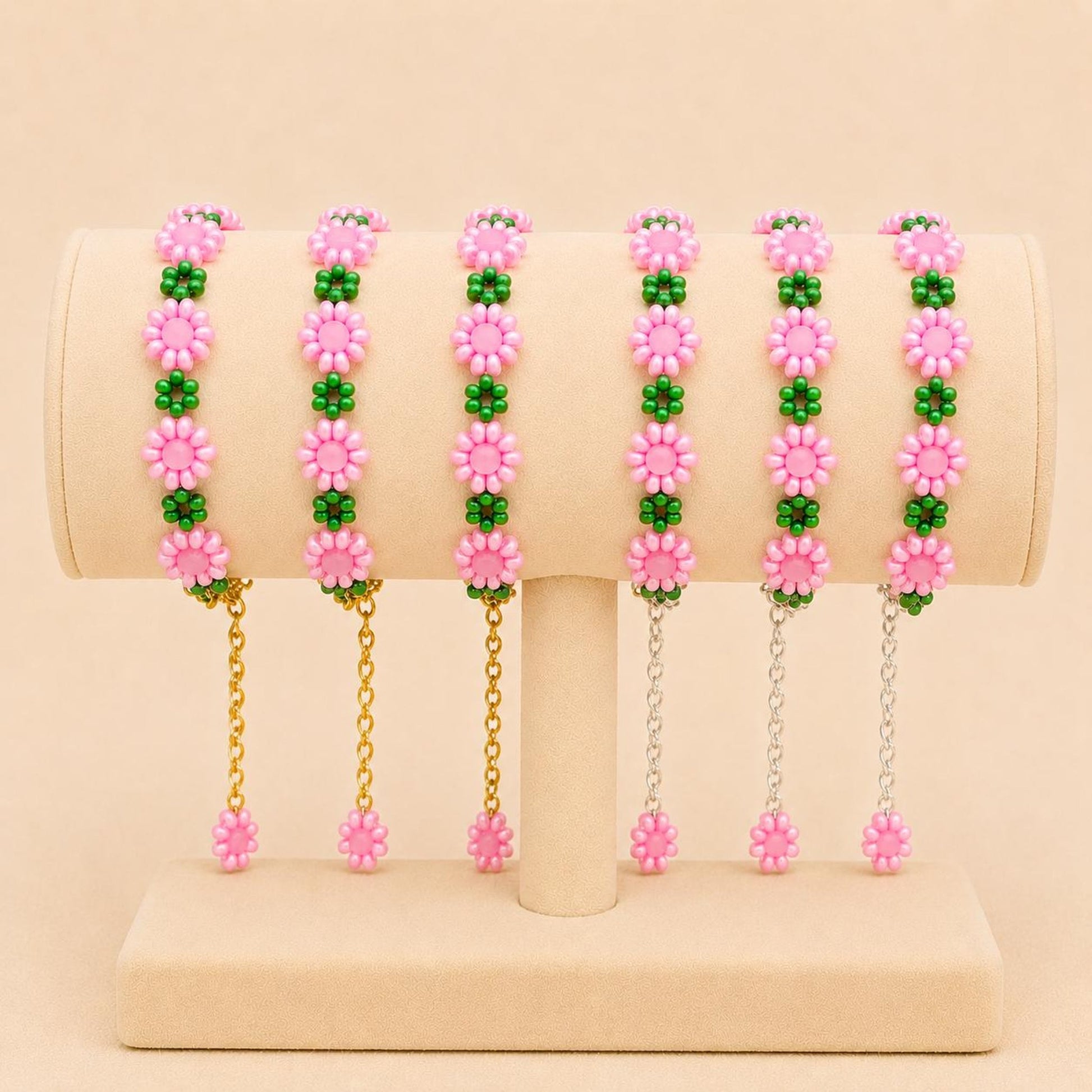 Handmade pink and green glass bead bracelet with gold or silver stainless steel chain and clasp