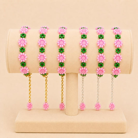 Handmade pink and green glass bead bracelet with gold or silver stainless steel chain and clasp