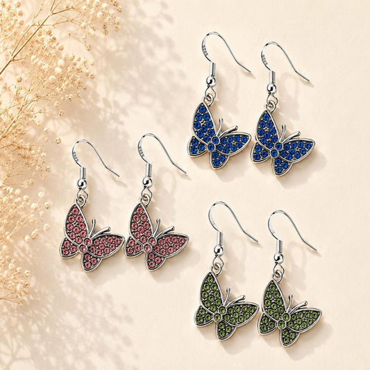 Handmade silver butterfly earrings with sparkling crystals and 925 sterling silver hooks for elegant everyday wear