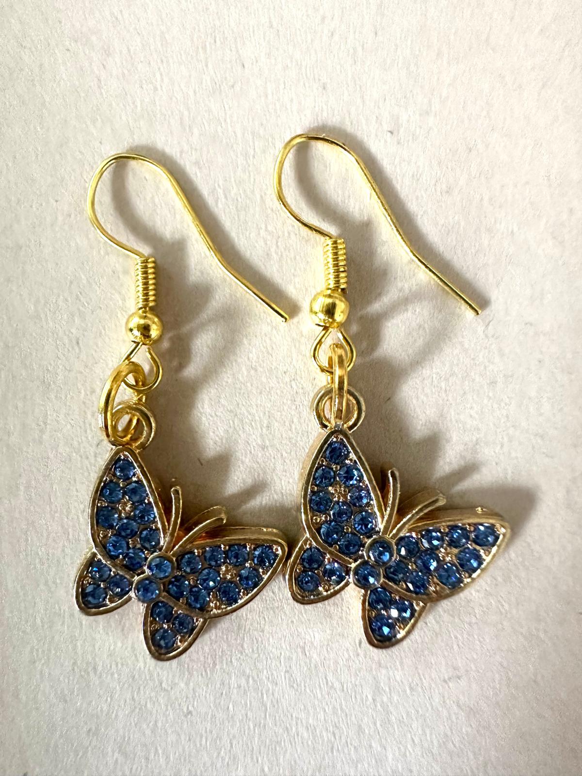 Handmade golden butterfly earrings with sparkling crystals and stainless steel hooks, 4 cm length, waterproof and tarnish resistant.
