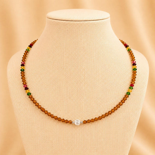 Handmade AMBER ELEGANCE necklace with multicolored crystal beads and white rose faux pearl on silver chain