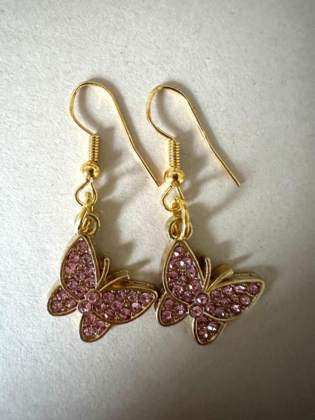 Handmade golden butterfly earrings with sparkling crystals and stainless steel hooks