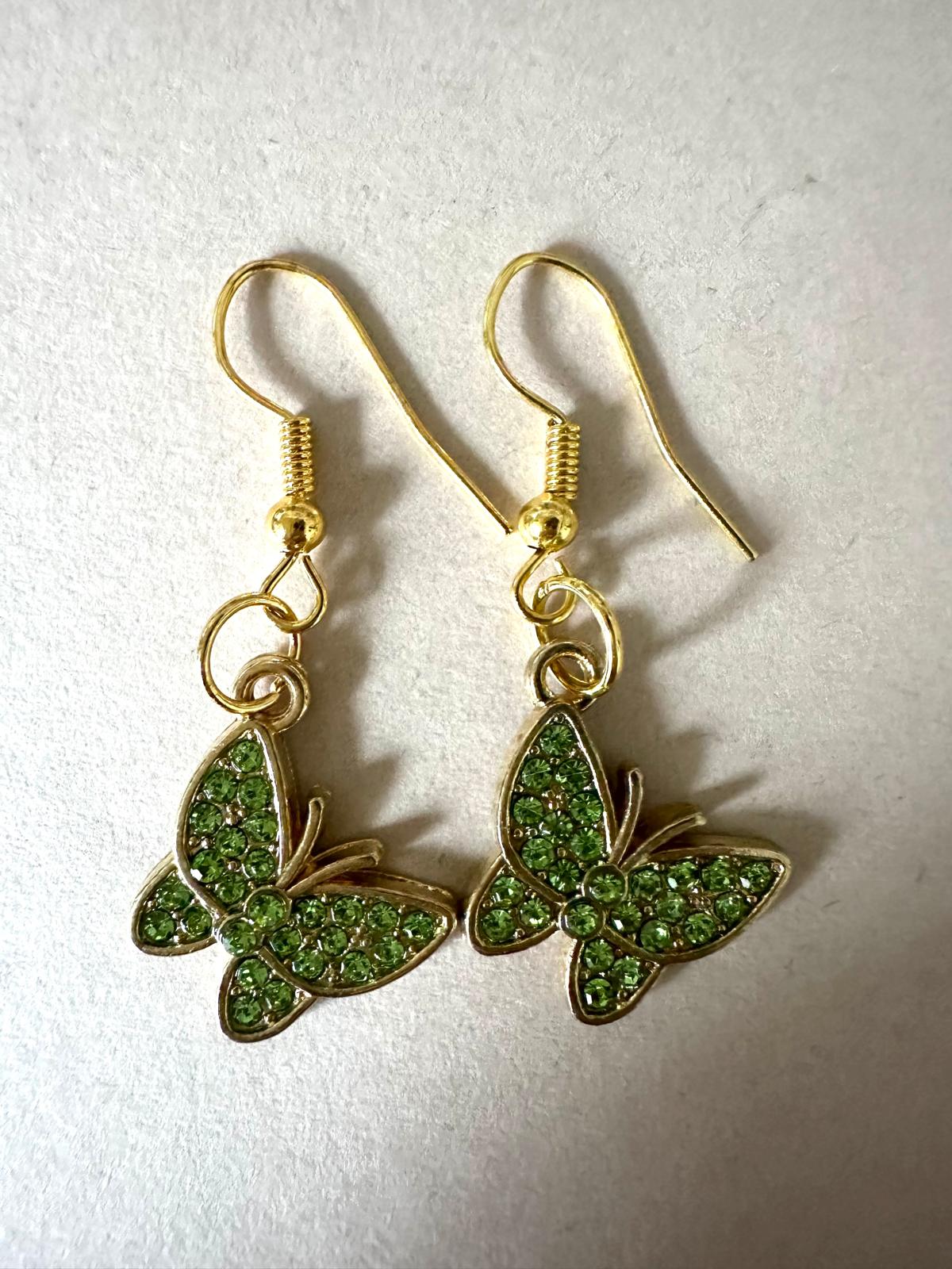 Handmade golden butterfly earrings with sparkling crystals and stainless steel hooks