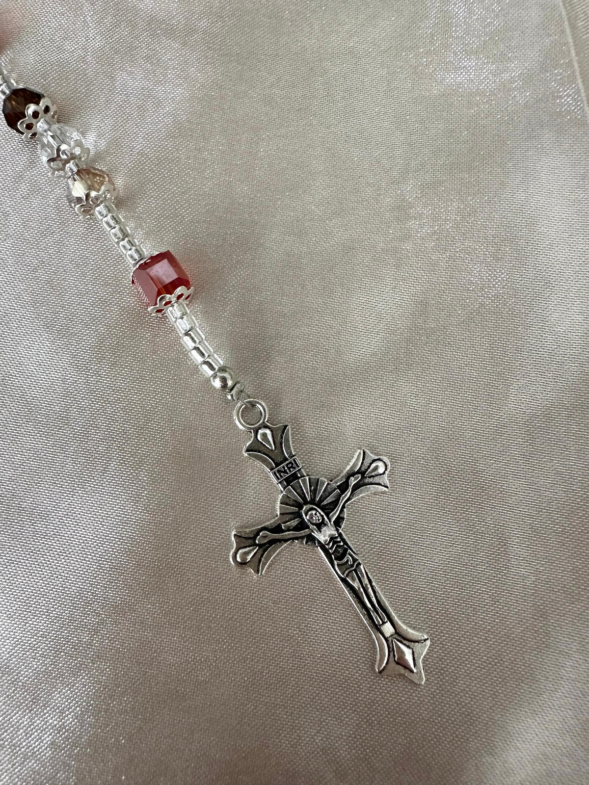 Autumn Elegance handmade rosary with red, brown, pink beads and silver details