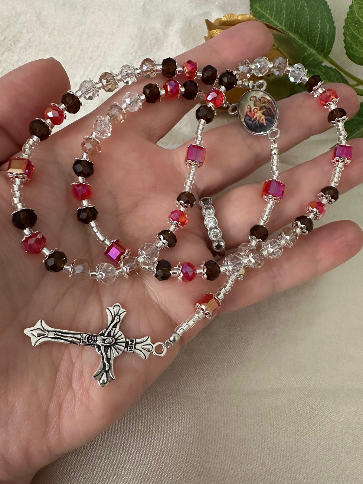 Autumn Elegance Handmade Rosary with red, brown, pale pink beads and silver accents