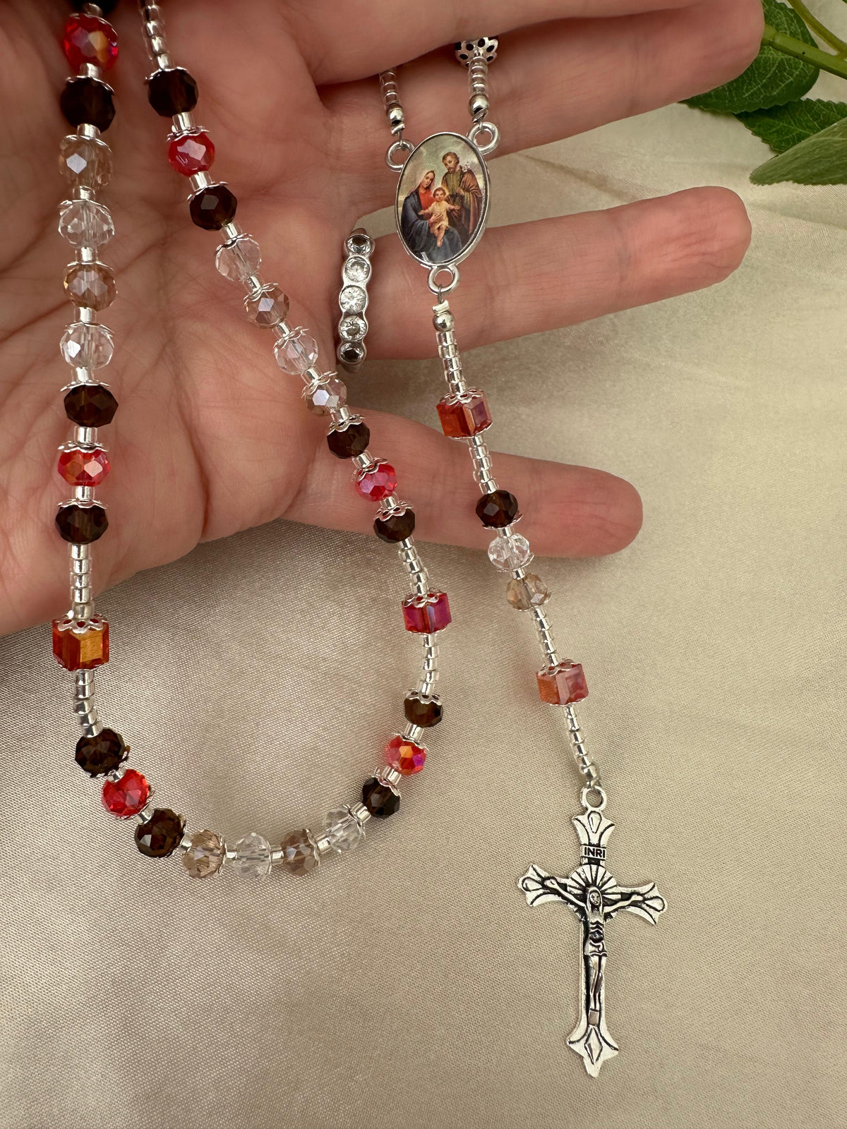 Autumn Elegance Handmade Rosary with red, brown, pink glass beads and silver-tone details