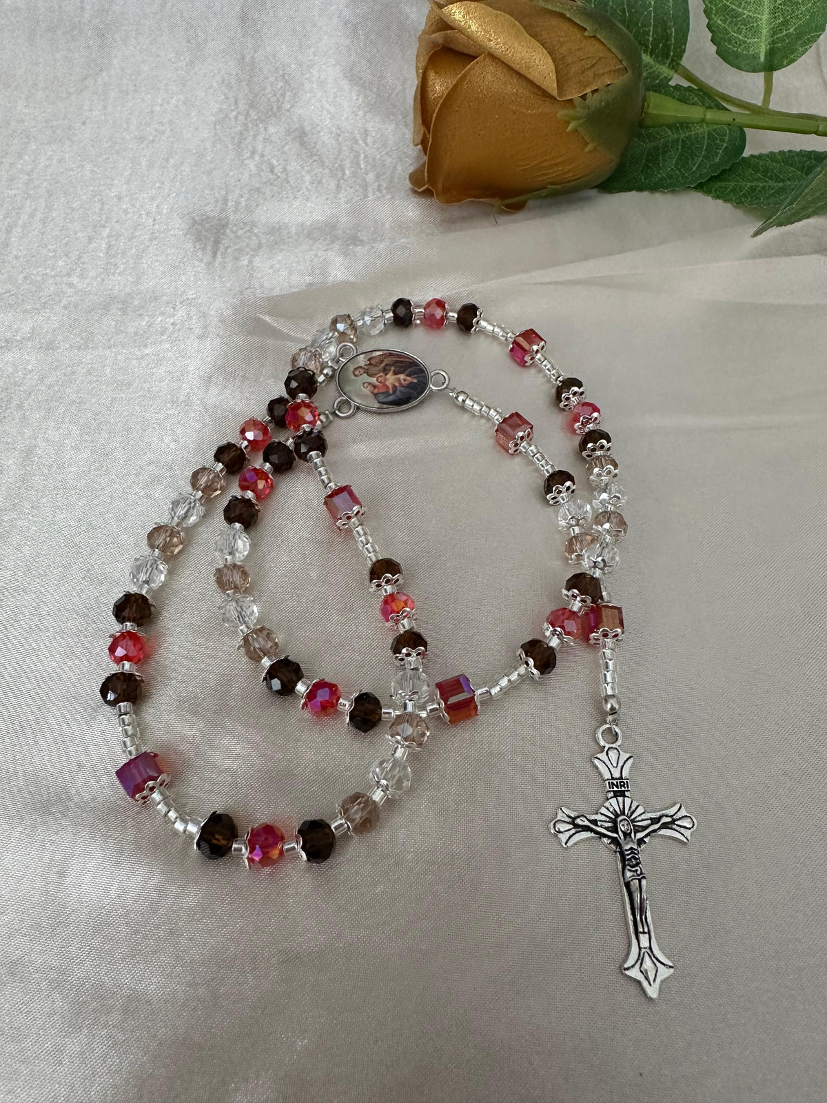 Autumn Elegance handmade rosary with red, brown, pale pink beads and silver details