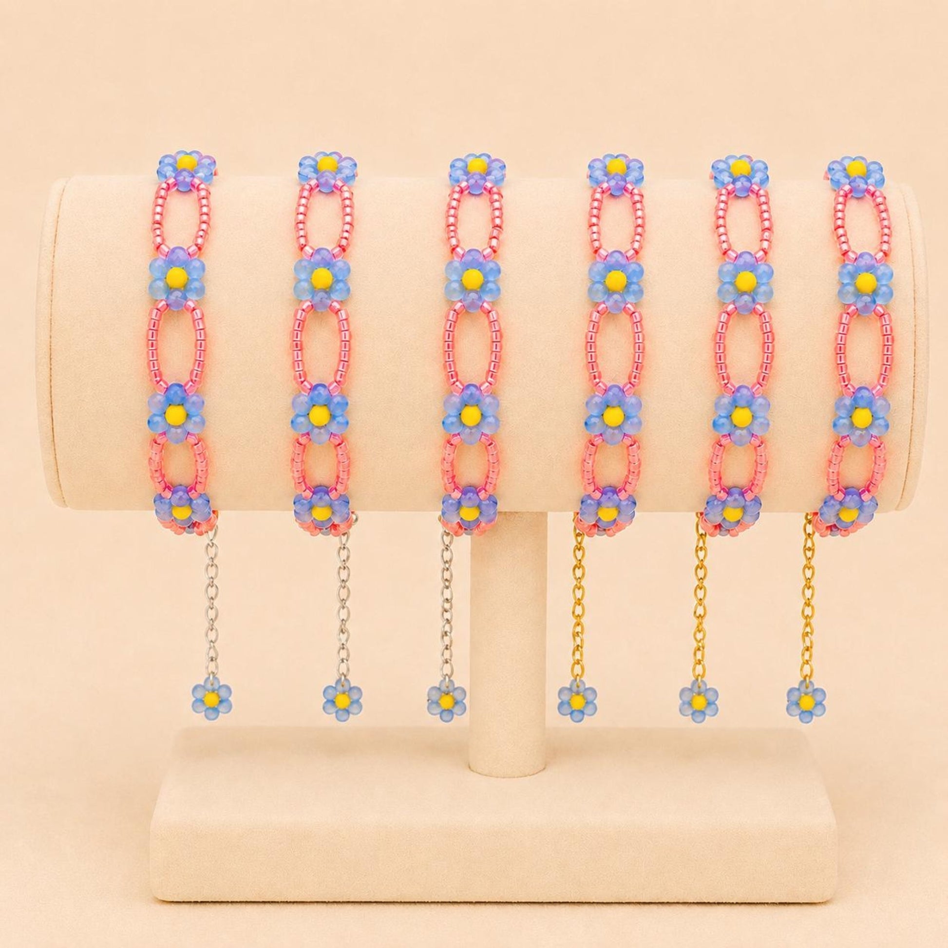 Handmade CORAL BLOOM bracelet with blue, yellow, and coral beads, gold and silver options