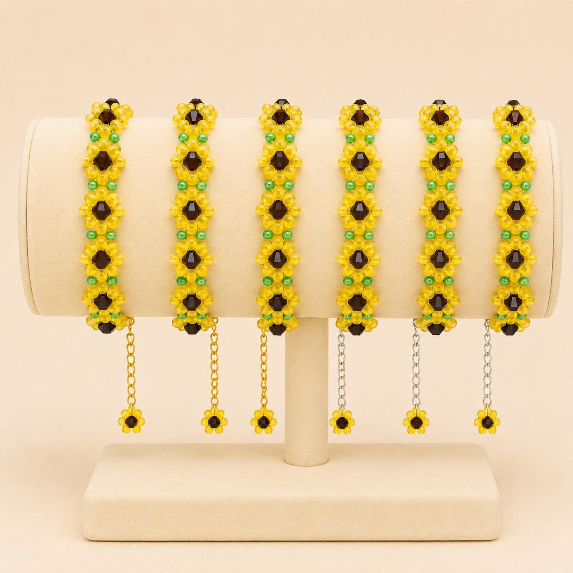 Handmade SUNFLOWER BLOOM bracelet with gold or silver finish and colorful glass beads