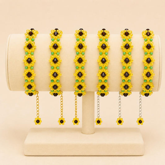 Handmade SUNFLOWER BLOOM bracelet with gold or silver finish and colorful glass beads