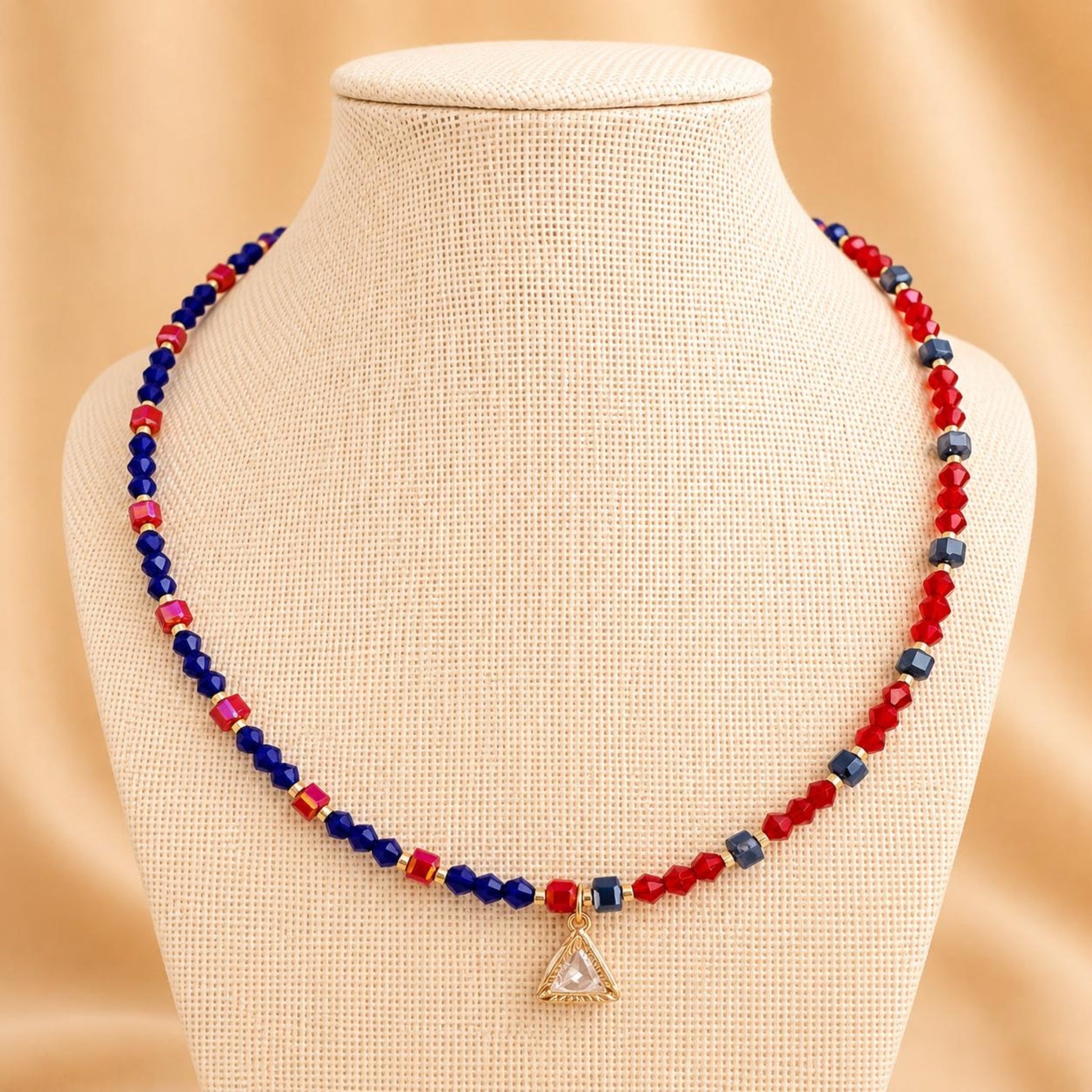 ARIA Handmade necklace with red and indigo crystal beads and 18K gold plated chain