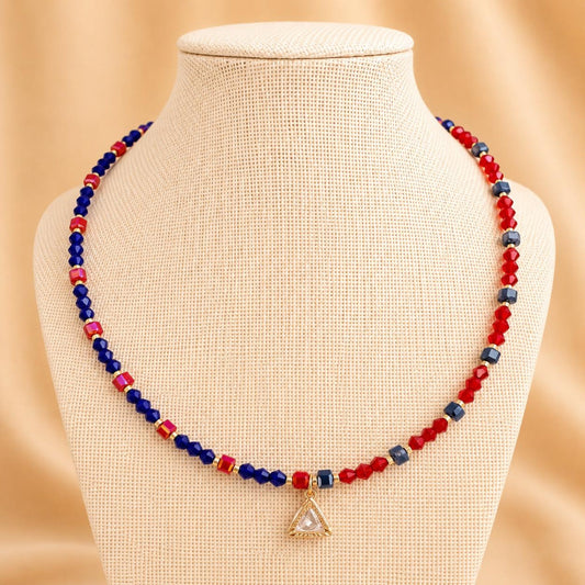 ARIA Handmade necklace with red and indigo crystal beads and 18K gold plated chain