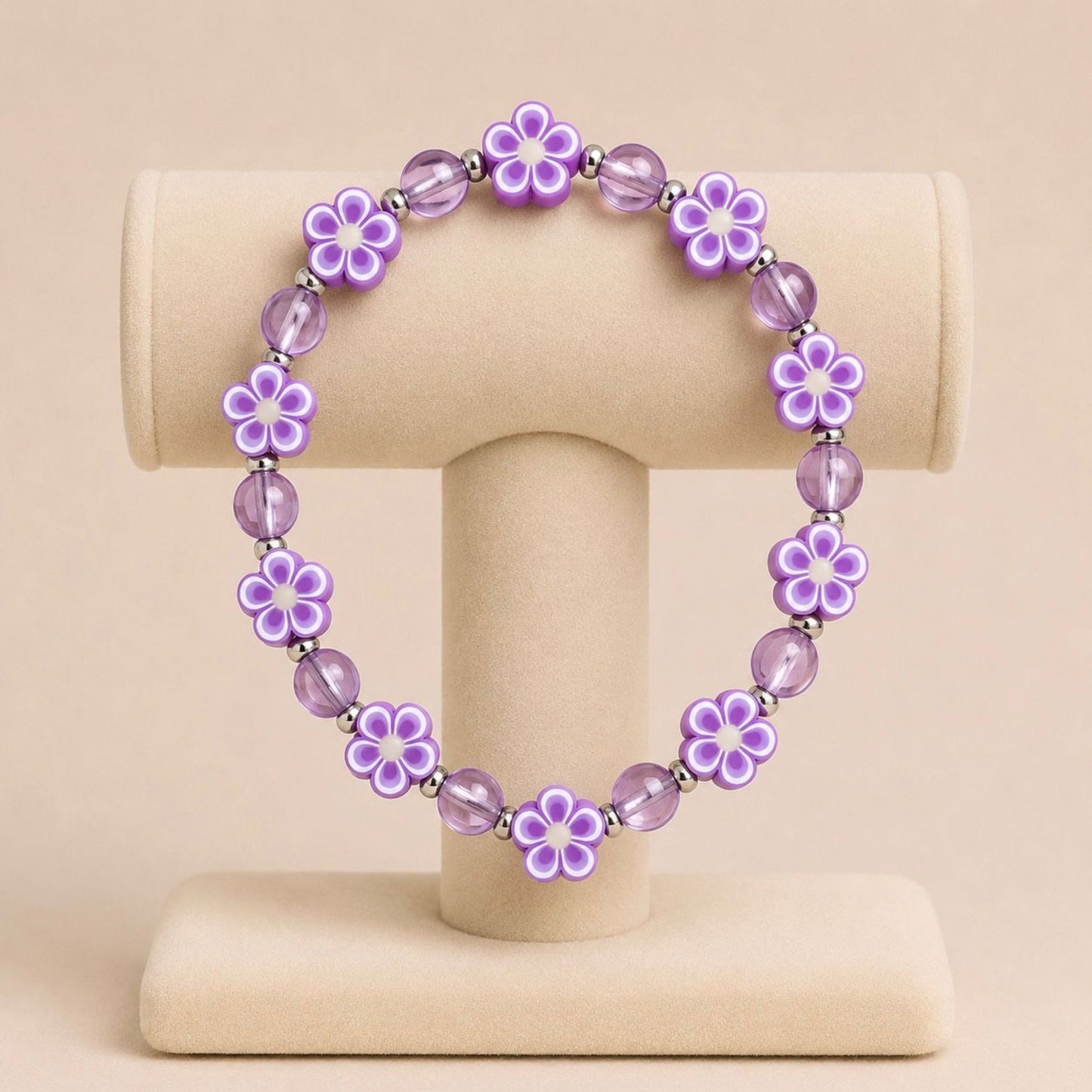 Elegant LOVELY SPRING stretch bracelet with beads and polymer clay flowers on elastic band