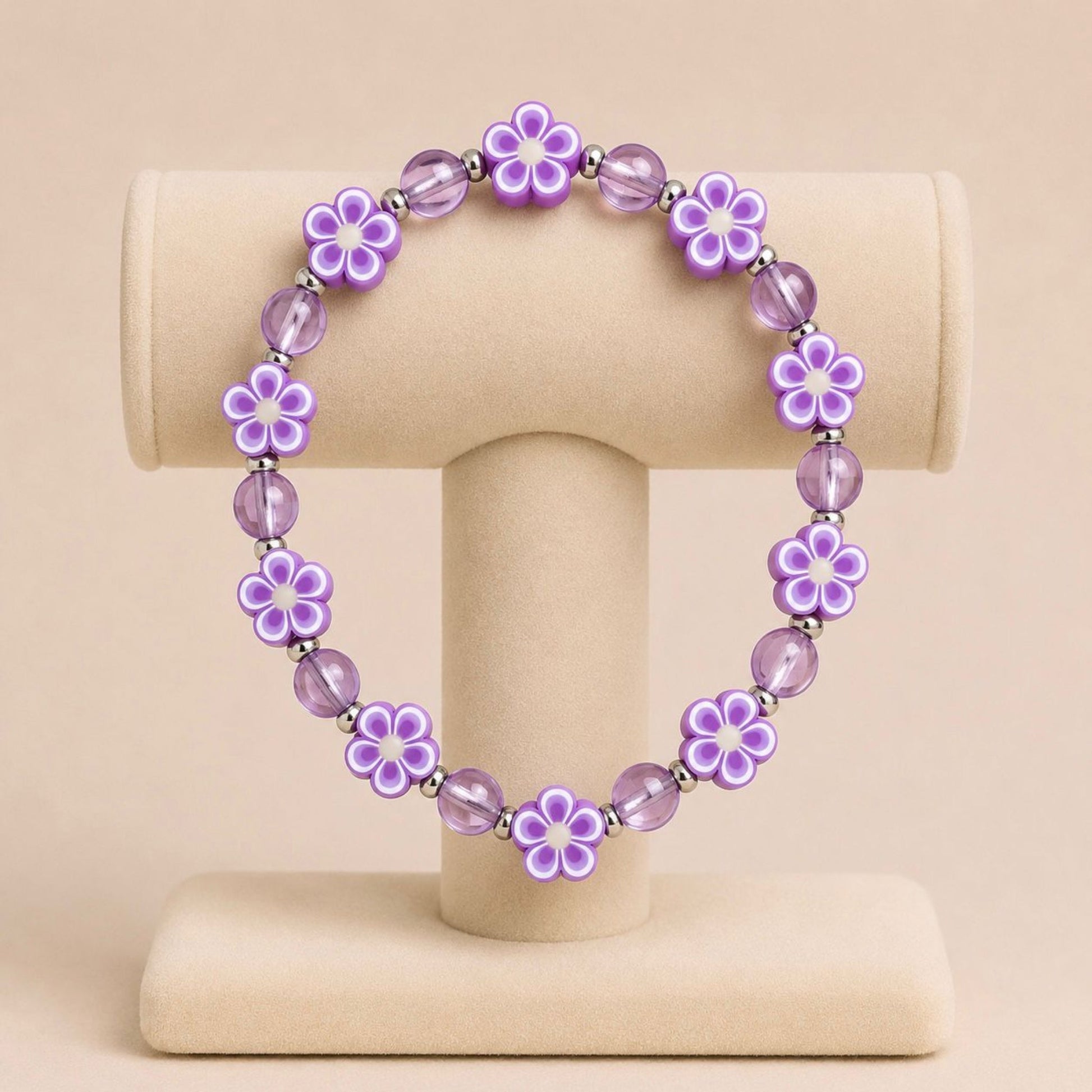 Elegant LOVELY SPRING stretch bracelet with beads and polymer clay flowers on elastic band